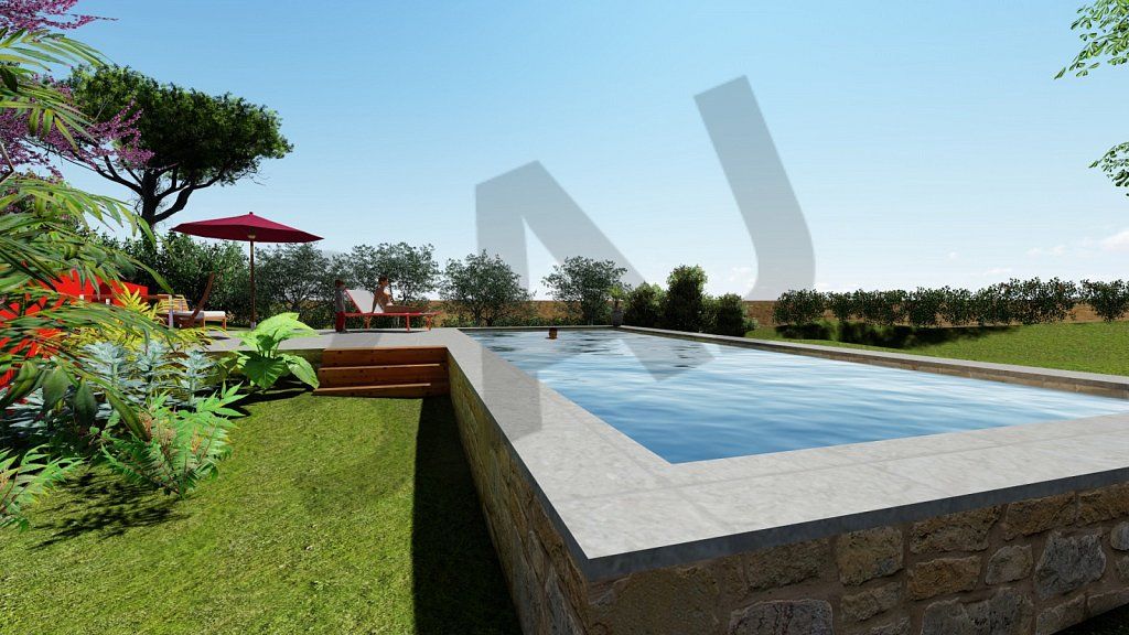 Perspective 3D de la piscine et du jardin de la villa CFN01