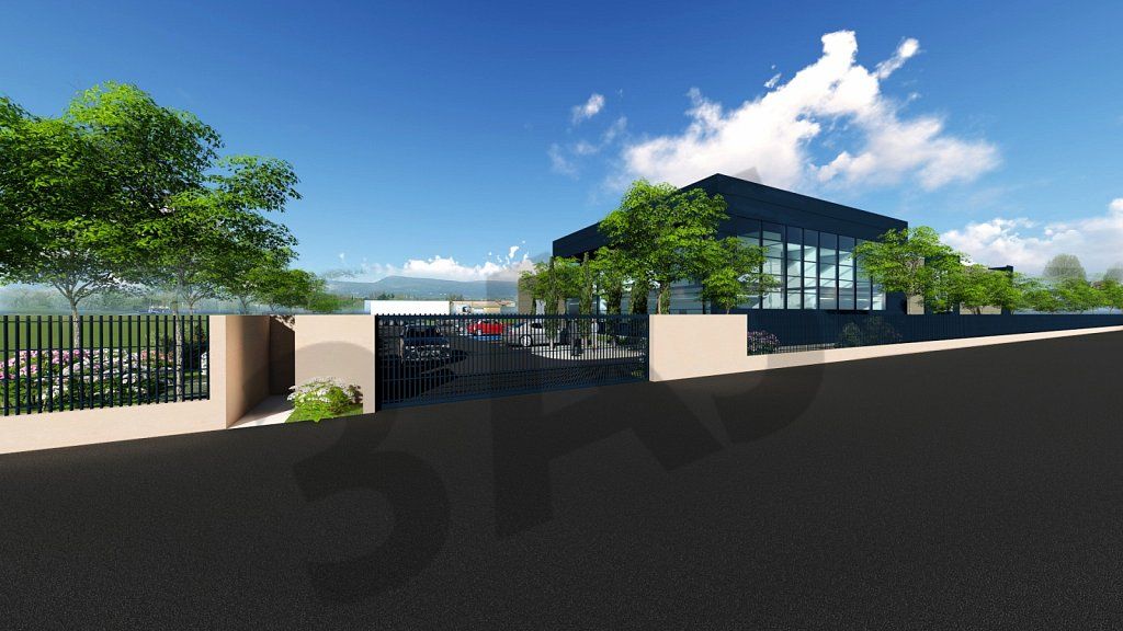 Perspective 3D du bâtiment d'atelier et de bureaux depuis la rue